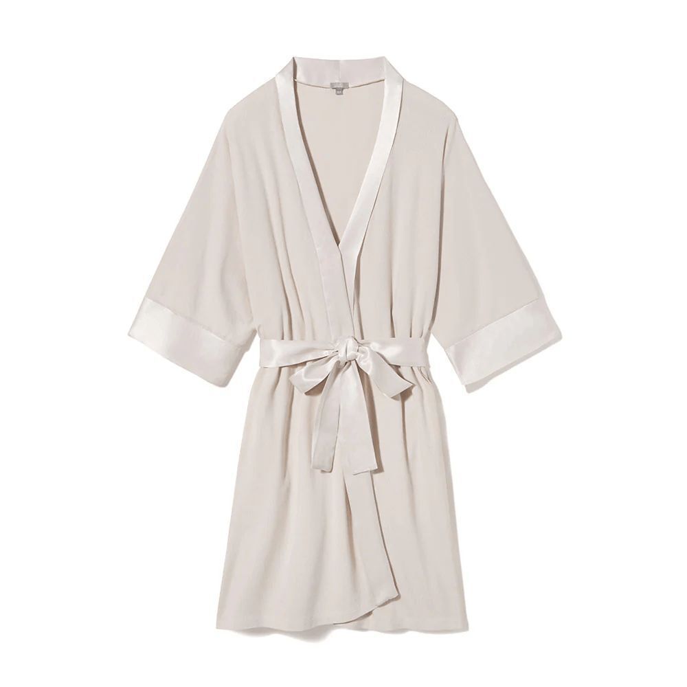 PJ Harlow Egg Nog Ribbed Knit Satin Trim Short Shala Robe Women's Size XS/S